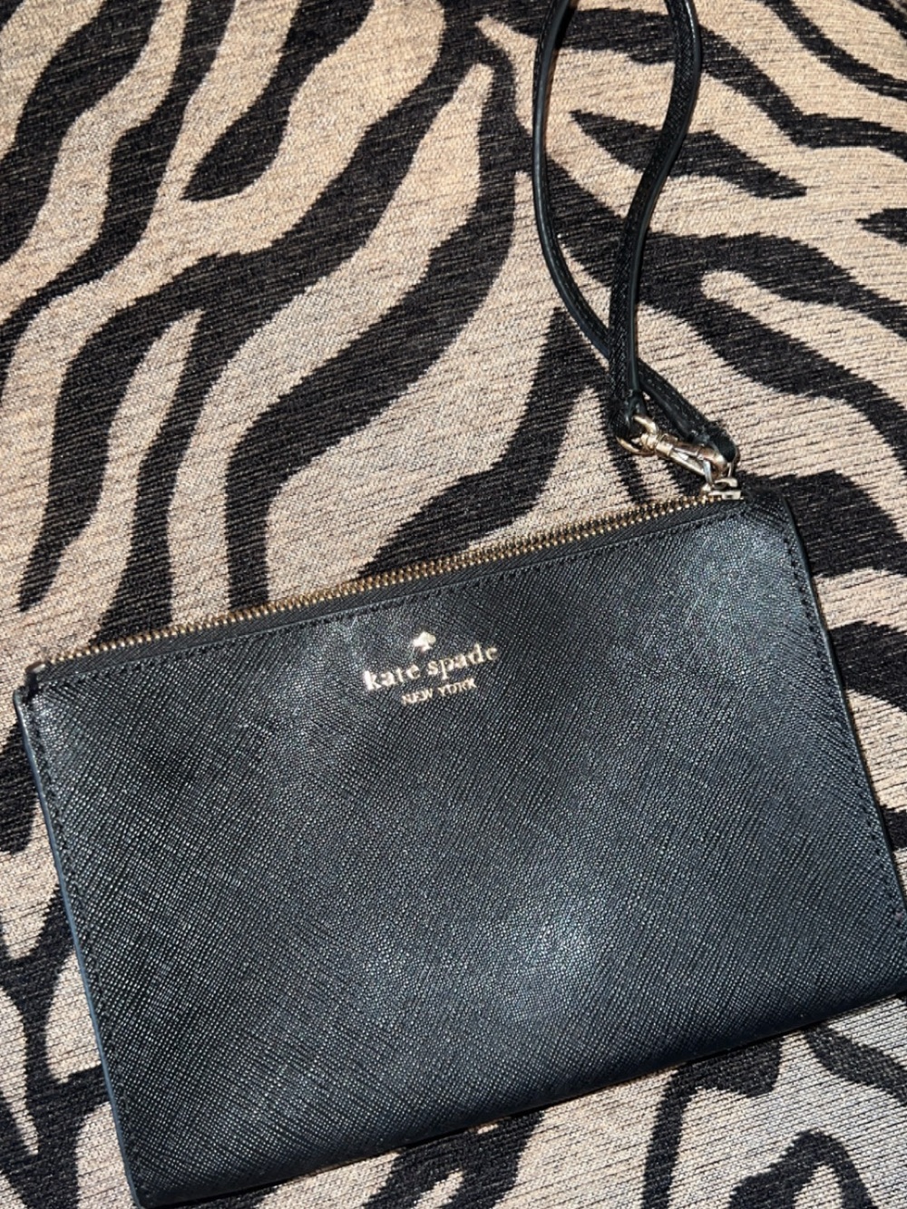 kate spade black leather wristlet with gold logo